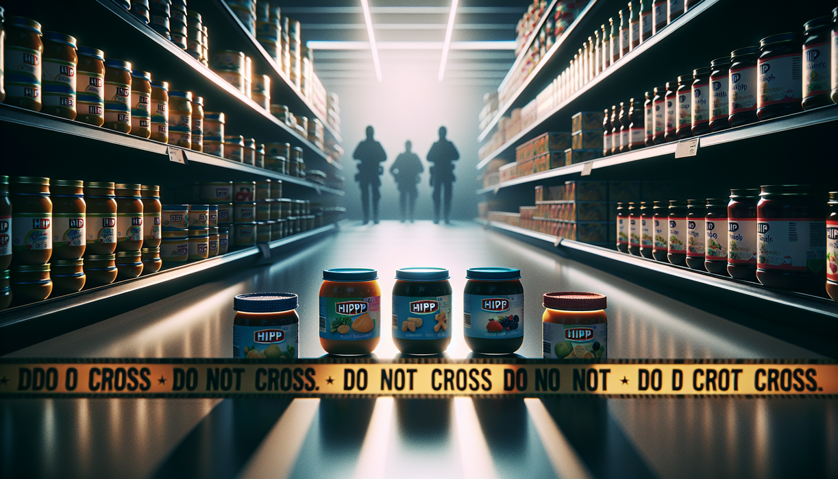alt_text: News header about baby food poisoning scare with concerned parent holding infant.